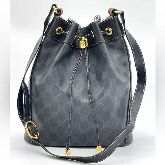 Auth WEEKEND DEAL GUCCI GG Sherry Line PVC Leather Black Drawstring Shoulder Bag - Picture 1 of 17